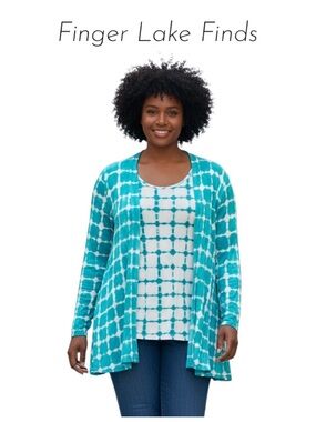 Lands' End Turquoise & White Batik Open Front Jacket & Top Set, 2X